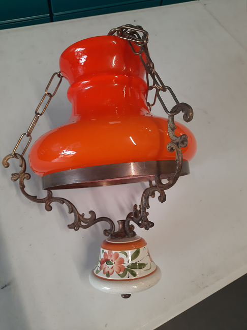suspension en Opaline Orange et céramique fleurie Vintage