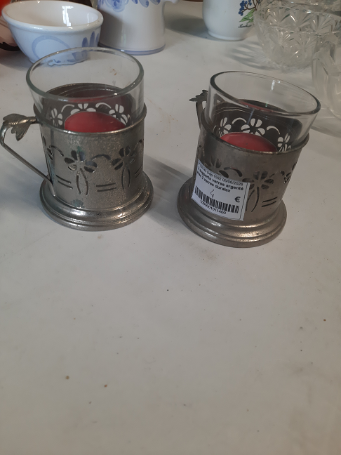 2 supports verres argenté avec 2 verres duralex
