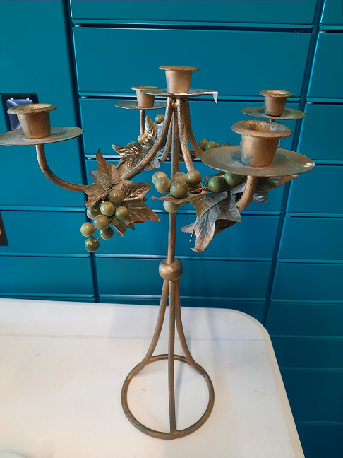 Bougeoir métal doré et kaki grappes raisins H 41 cm déco