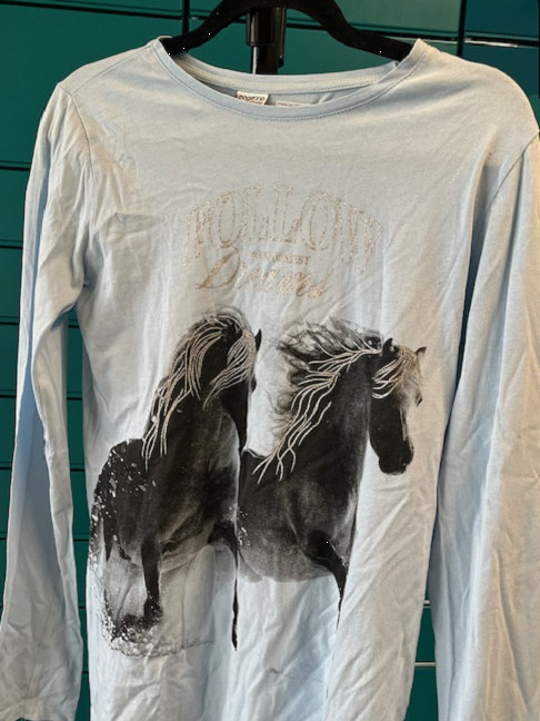 t-shirt bleu, cheval, taille 14. 15 ans,
